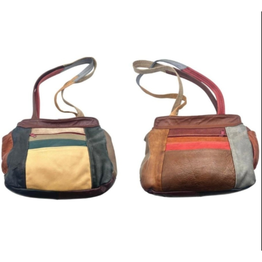 Vintage 70s Patchwork Genuine Leather Reverse Shoulder Bag Multi Color Boho